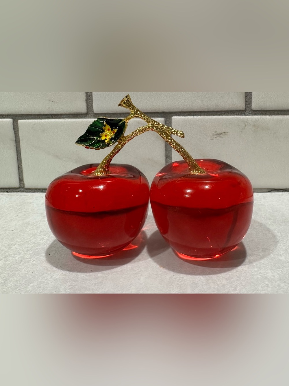 Cherries set W/Stem & Green Leaf Held Together Fruit Figurine